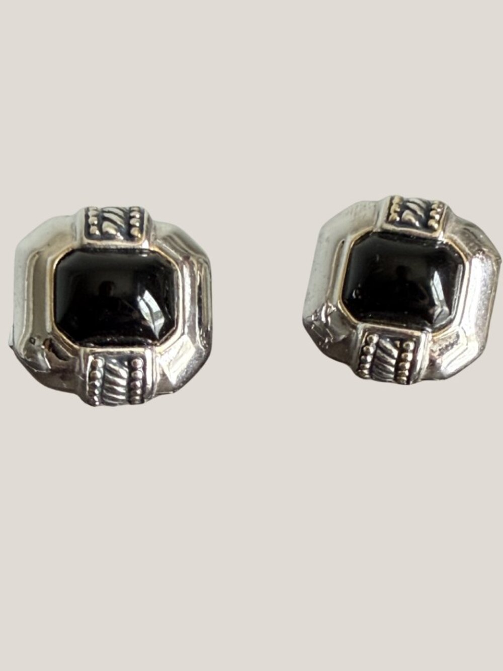Vintage T*J Two-Tone Renaissance Revival Black Cabochon Pierced Earrings